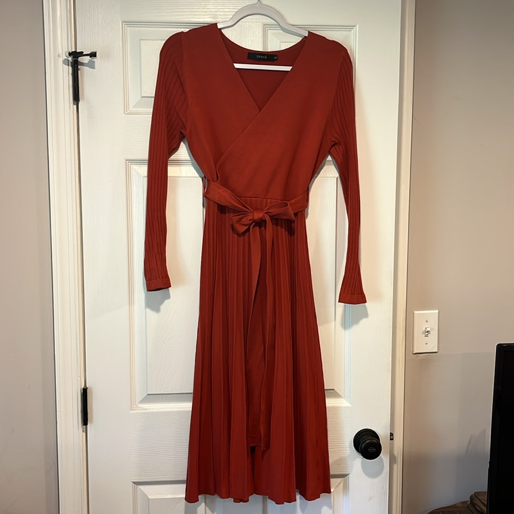 ZESICA Sweater Wrap Dress in Rust